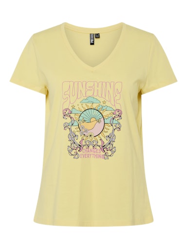 Pieces Gabriella Short Sleeve V Neck T Shirt - Pale Banana/ Sunshine