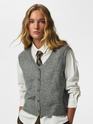 Pieces Sally Sleeveless V Neck Knit Vest - Medium Grey Melange