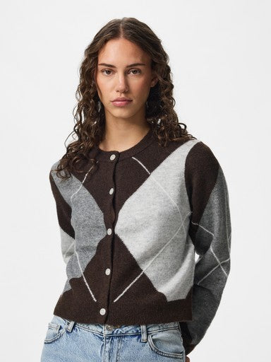 Pieces Sally Long Sleeve Knit Check Cardigan - Hot Fudge