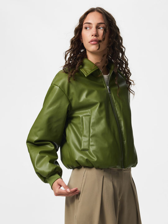 Pieces Lara Padded Coated Bomber Jacket - Sphagnum