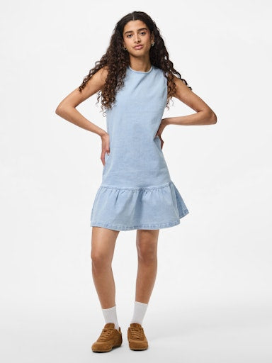 Pieces Monica Short Sleeve O-Neck Denim Dress - Light Blue Denim