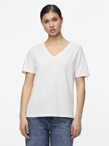 Pieces Ria Short Sleeve V Neck Solid Tee - Bright White