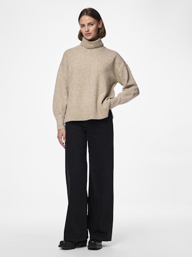 Pieces Malou Long Sleeve Roll Neck Knit - Taupe Grey