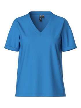 Pieces Ria Short Sleeve V Neck Solid Tee - Azure Blue