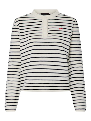 Pieces Senna Long Sleeve Half Placket Knit - Cloud Dancer/ Maritime Blue Stripes