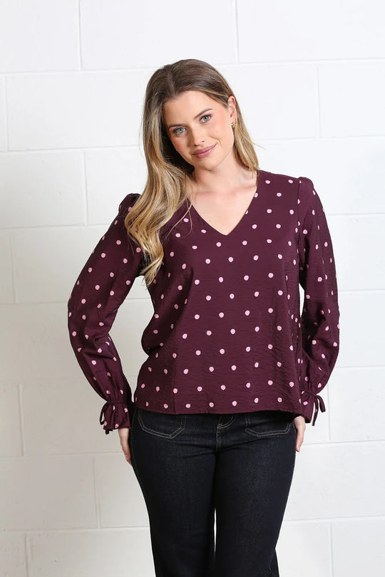 Rant & Rave Sophia Top - Burgundy Dot