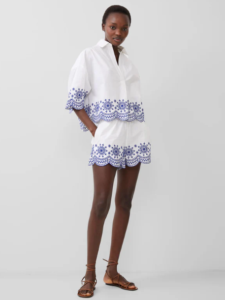 French Connection Alissa Cotton Embroidered Shorts -Linen White