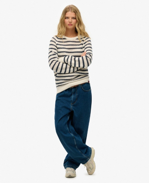 Superdry Stripe Crochet Slouchy Crew - Natural White Stripe