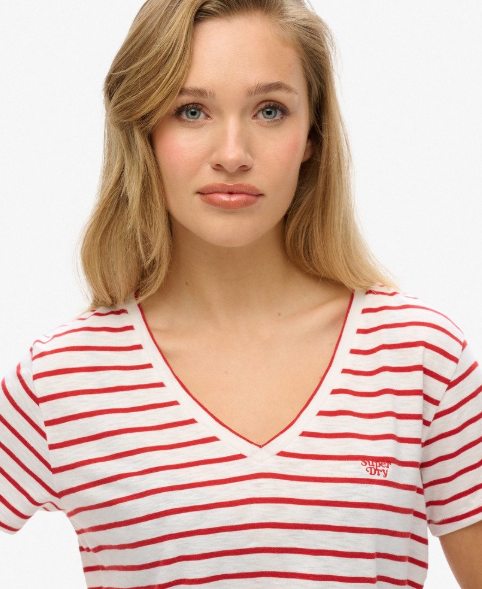 Superdry Slub Embroidered V-Neck T Shirt - Varsity Red/ Optic Stripe