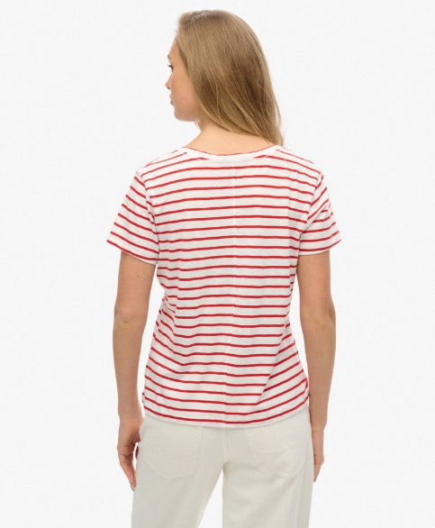 Superdry Slub Embroidered V-Neck T Shirt - Varsity Red/ Optic Stripe