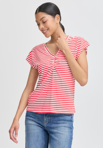 B.Young Pandinna V Neck T Shirt - Flame Scarlet Stripe