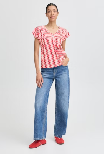B.Young Pandinna V Neck T Shirt - Flame Scarlet Stripe