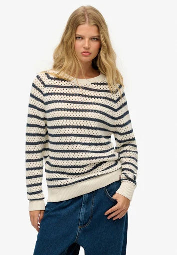Superdry Stripe Crochet Slouchy Crew - Natural White Stripe
