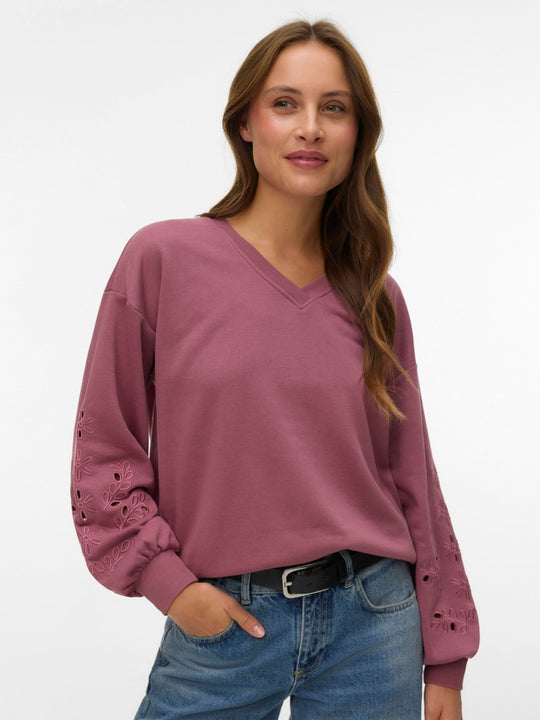 Vero Moda Ellie Long Sleeve V-Neck Embroidery Sweat - Renaissance Rose