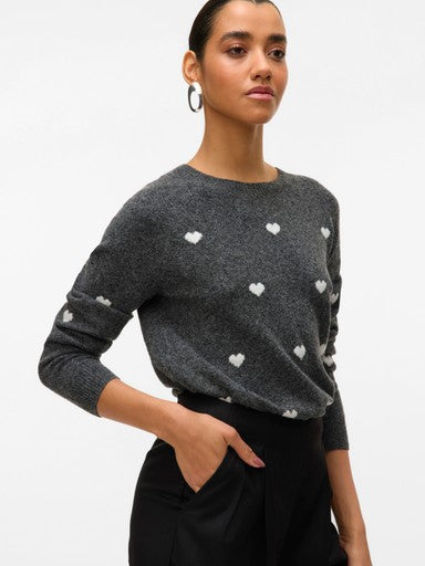 Vero Moda Doffy Intarsia Long Sleeve O Neck Knit - Dark grey Melange