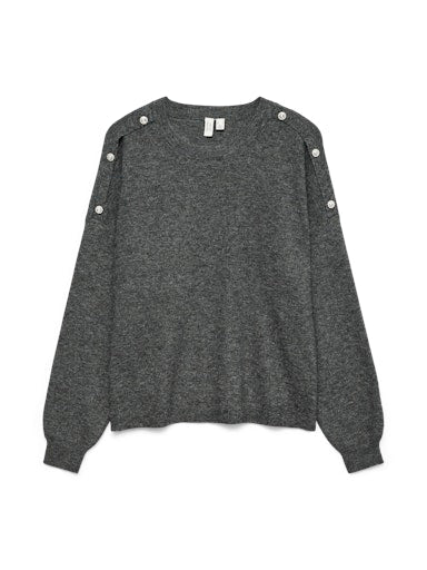 Vero Moda Joya Long Sleeve O-Neck Button Pullover - Dark Grey Melange