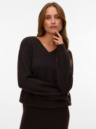 Vero Moda Besti Long Sleeve V Neck Long Pullover - Chocolate Torte