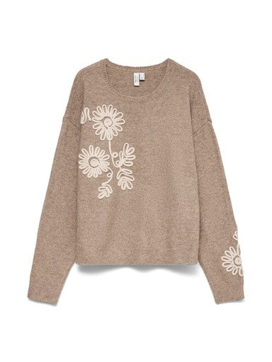 Vero Moda Lia Long Sleeve O Neck Flower Embroidered Pullover - Silver Mink