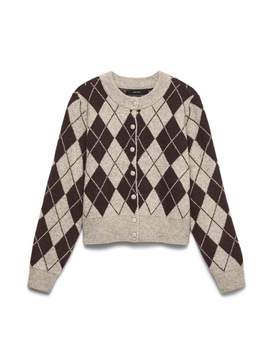Vero Moda Long Sleeve O-Neck Argyle Cardigan - Birch / Choclate Torte