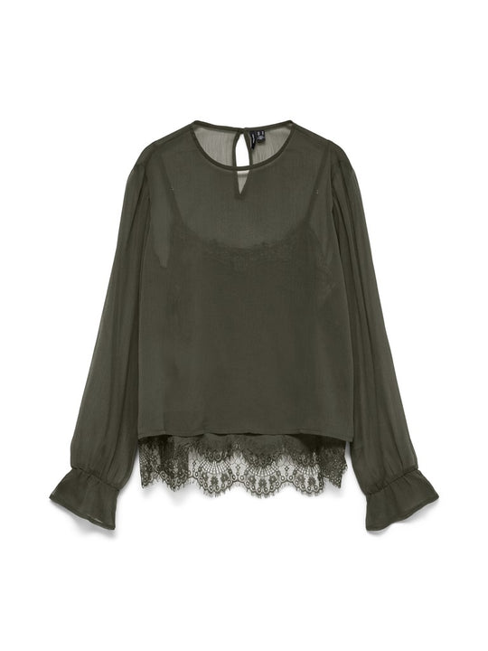 Vero Moda Lalie Long Sleeve Lace Top - Forest Night