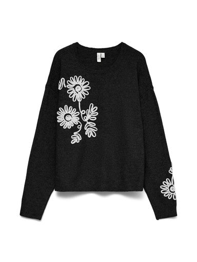 Vero Moda Lia Long Sleeve O Neck Flower Embroidered Pullover - Black