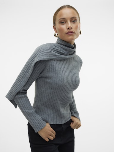 Vero Moda Zoey Long Sleeve Wrap Neck Pullover - Medium Grey Malange