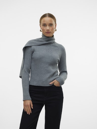 Vero Moda Zoey Long Sleeve Wrap Neck Pullover - Medium Grey Malange