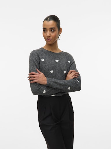 Vero Moda Doffy Intarsia Long Sleeve O Neck Pullover - Dark Grey Melange