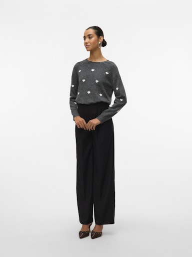 Vero Moda Doffy Intarsia Long Sleeve O Neck Pullover - Dark Grey Melange