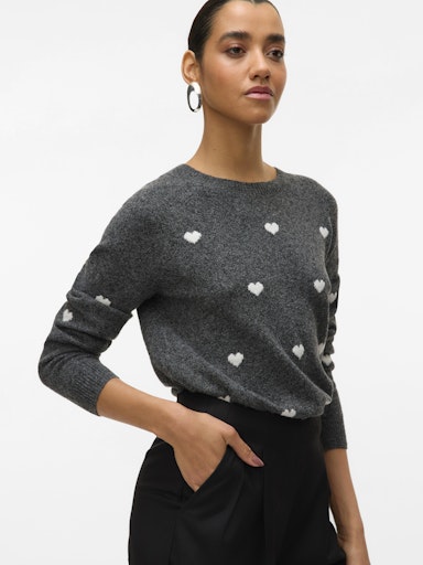 Vero Moda Doffy Intarsia Long Sleeve O Neck Pullover - Dark Grey Melange