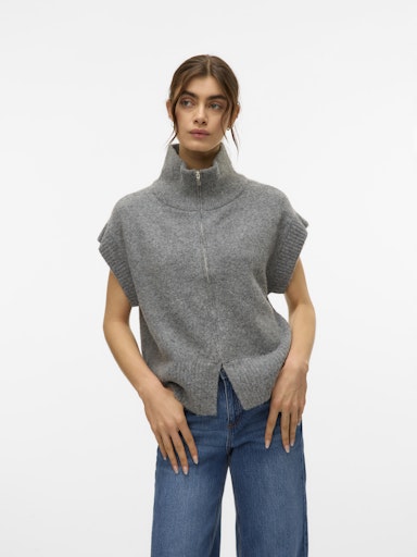 Vero Moda Bang Sleeveless Highneck Zipper Vest - Medium Grey Melange