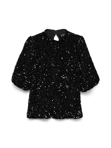 Vero Moda Bella 2/4 Highneck Sequin Top - Black