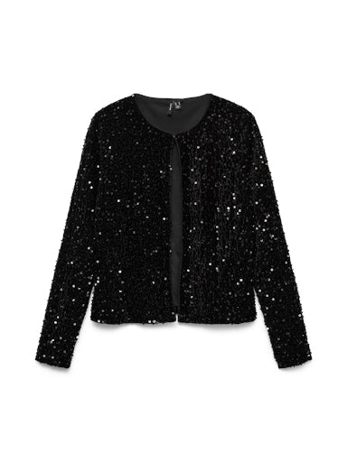 Vero Moda Bella Long Sleeve O Neck Short Sequin Cardigan - Black