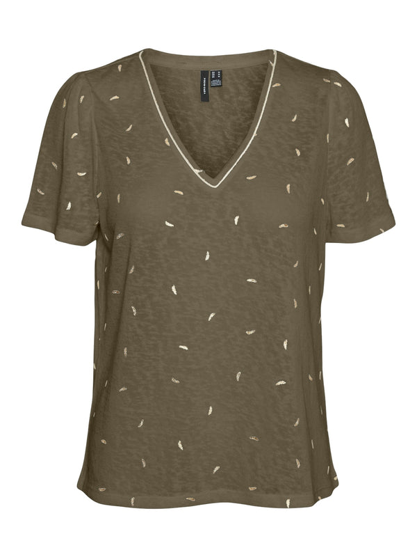 Vero Moda Izzy Short Sleeve V-Neck Shirt - Capers/Gold