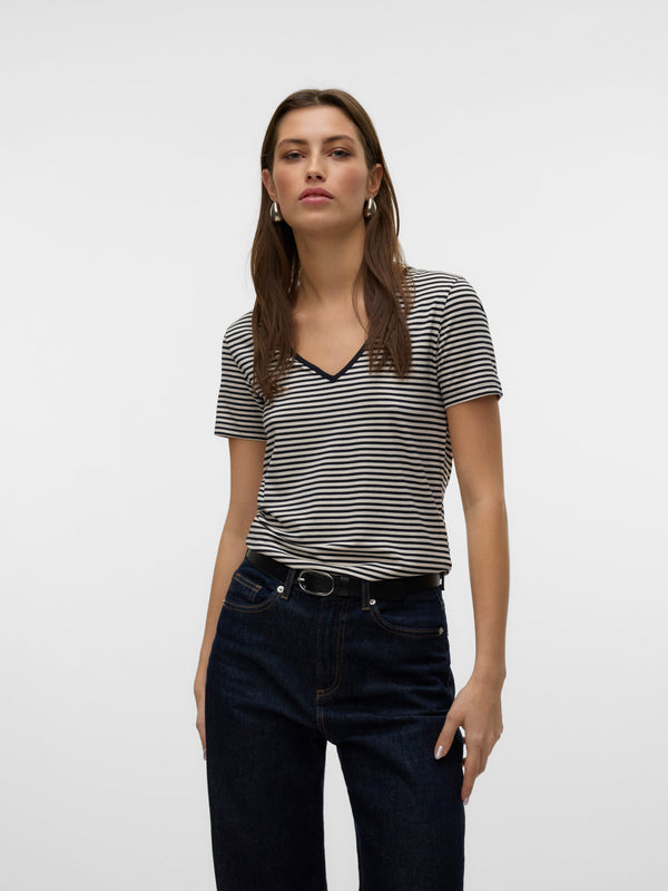 Vero Moda Pepper Short Sleeve V-Neck Top - Birch/Black Stripe