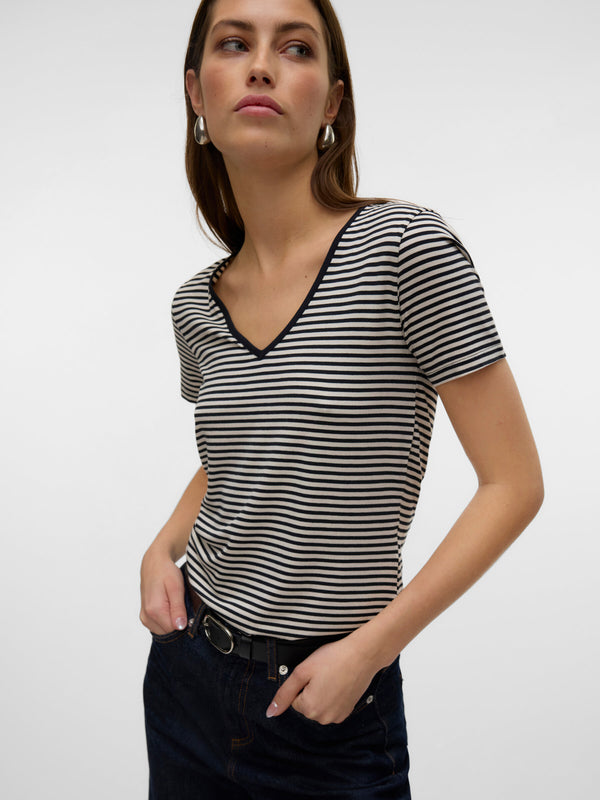 Vero Moda Pepper Short Sleeve V-Neck Top - Birch/Black Stripe