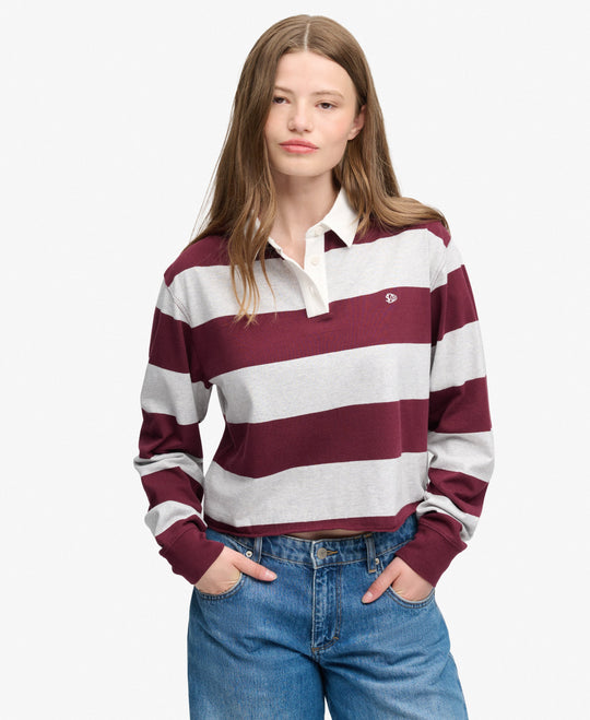 Superdry Athletic Essential Cropped Stripe Rugby Top - Glacier Grey/Port Red