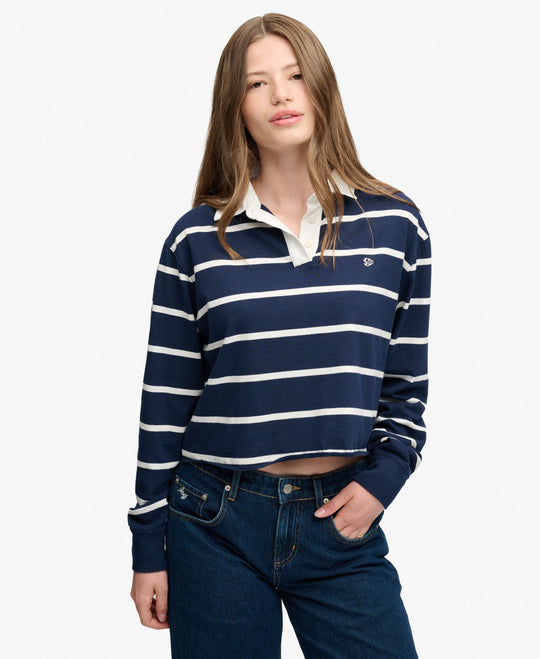 Superdry Athletic Essential Cropped Stripe Rugby Top - Richest Navy/Ecru Stripe