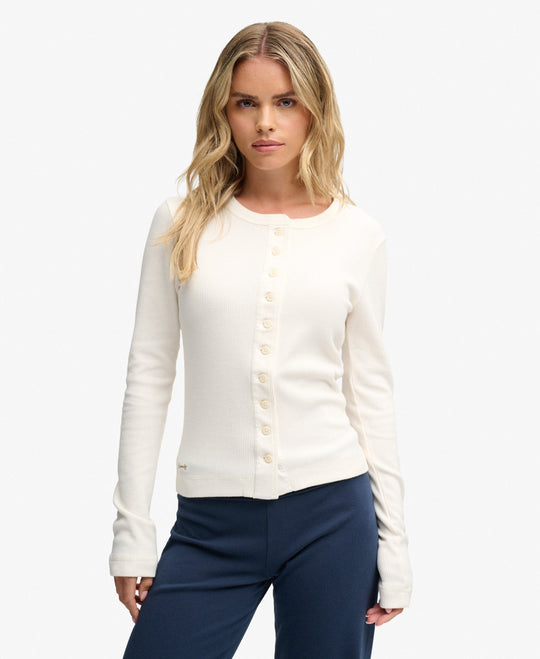 Superdry Waffle Button Through Top - Desert Bone Off White