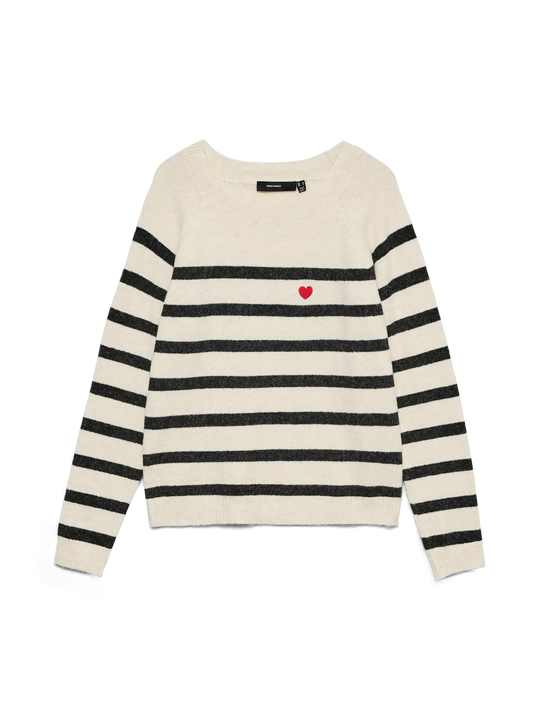 Vero Moda Doffy Embroidery Long Sleeve O-Neck Pullover - Birch/Black