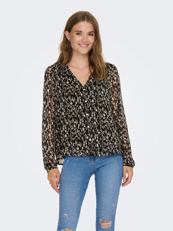 Only Luna Long Sleeve V-Neck Top - Black Cora graphic