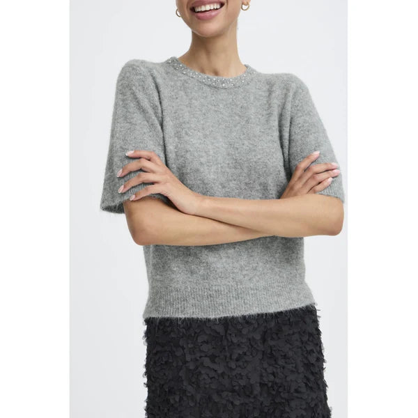 B.young Omea Rhinestone Short Sleeve - Mid Grey Melange