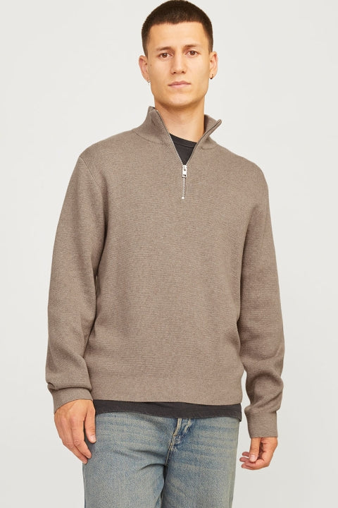Jack & Jones Milano Stitch  Knit Half Zip - Greige Melange