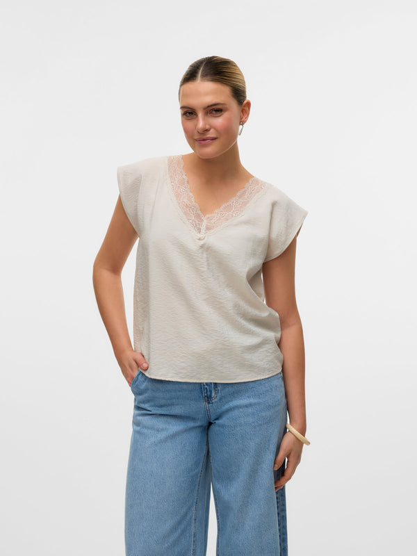 Vero Moda Safa V-Neck Lace Top - Pumice Stone