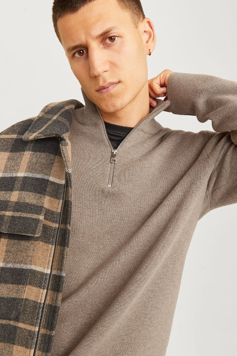 Jack & Jones Milano Stitch  Knit Half Zip - Greige Melange