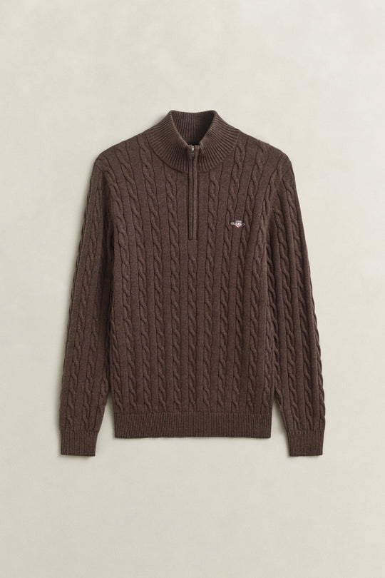 Gant Cable Knit Half Zip Sweater - Black Brown Melange