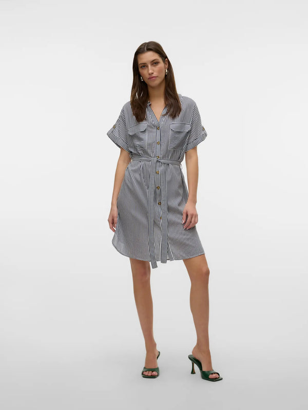 Vero Moda Bumpy Short Sleeve Shirt Dress - Ink/ Snow white