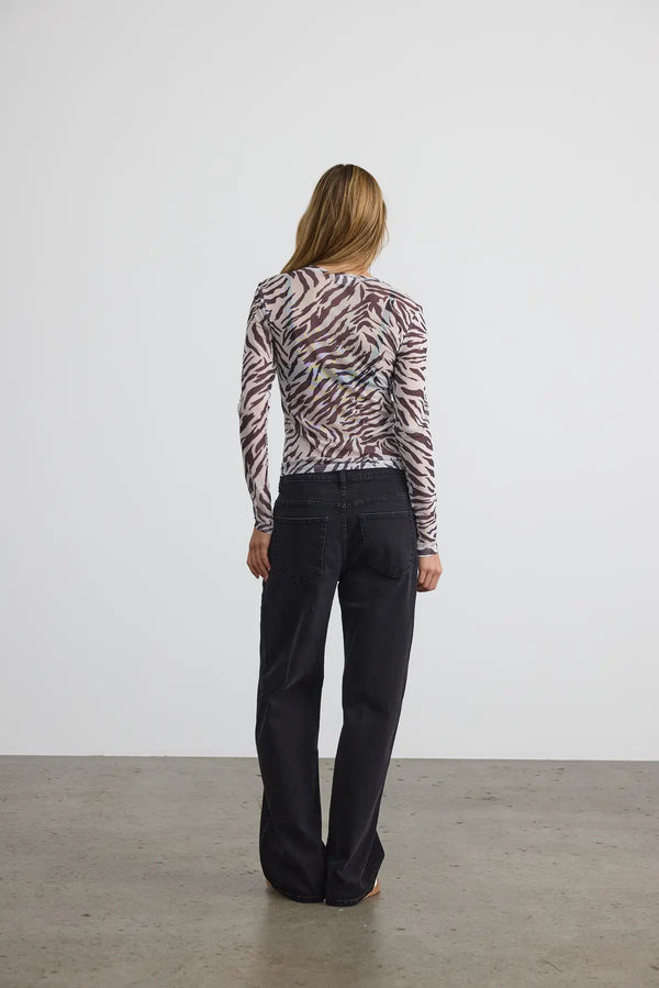 Noisy May Judith Long Sleeve Mesh Top - Black/Zerbra