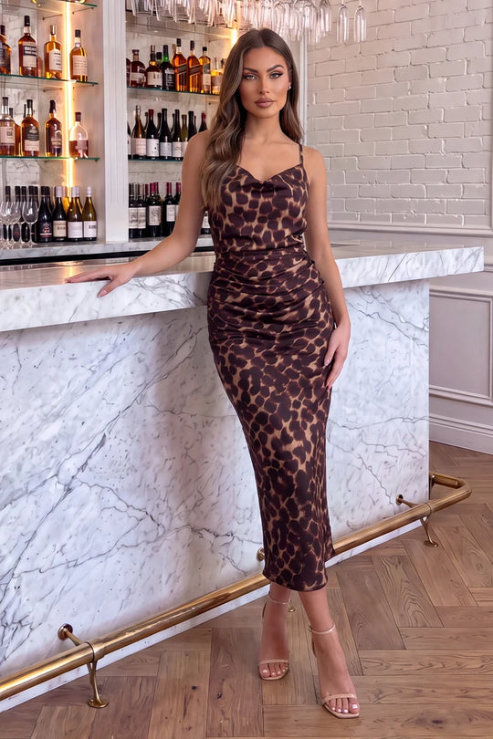 AX Paris Strappy Cowl Neck Ruched Midi Dress - Leopard