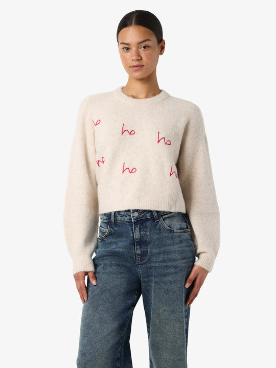 Noisy May Vixen Long Sleeve O-Neck Embroidery Knit - Birch
